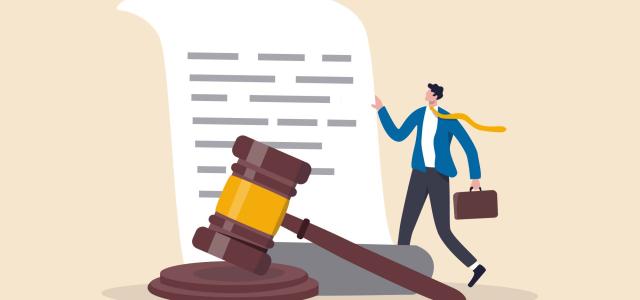 Digital art of a lawyer standing next to a large document and gavel.